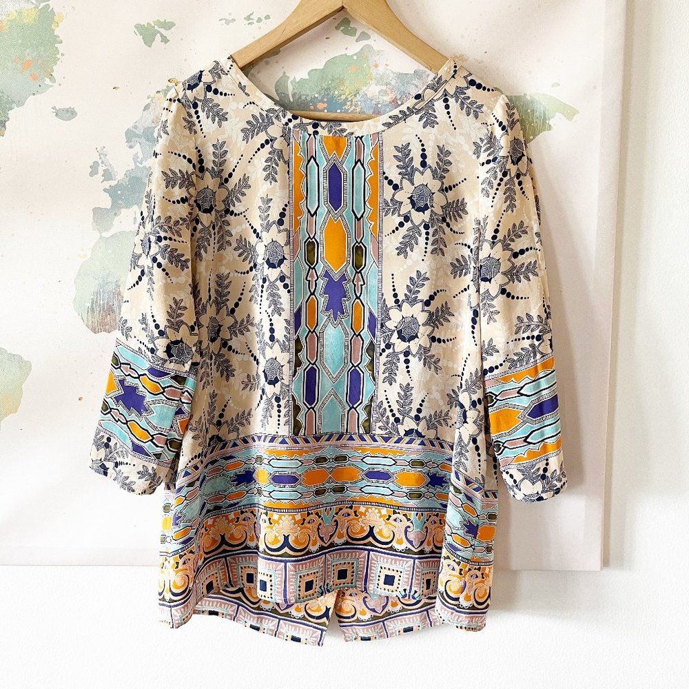 Anthropologie Maeve Blouse Size 12 Sydney Top Silk Blue Orange Button Up Back